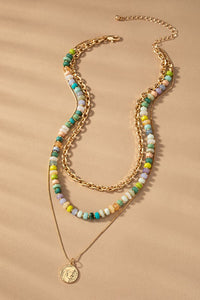 3 row green tonal chunky resin bead chain necklace