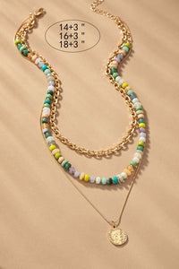 3 row green tonal chunky resin bead chain necklace