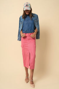 The Louise Colored Midi Cargo Denim Skirt - Pink
