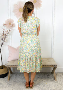 Samantha Mint Floral Boho Ruffle Modest Midi Dress
