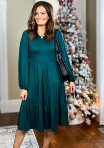 The Roxanne Long Sleeve Tiered Midi Dress - Emerald Green
