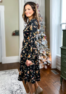 The Roxanne Long Sleeve Tiered Midi Dress - Black Floral