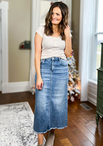 The Selena High Rise Long Modest Denim Skirt - Medium Wash