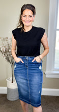 Load image into Gallery viewer, The Amanda Modest Medium Wash Distressed Denim Skirt
