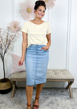 Load image into Gallery viewer, The Gemma Light Wash Midi Modest Denim Skirt

