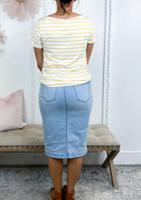 Load image into Gallery viewer, The Gemma Light Wash Midi Modest Denim Skirt
