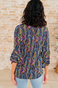 Willow Bell Sleeve Top in Navy Rainbow Rope
