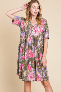 The Bridget Flower Print V-Neck Ruched Dress