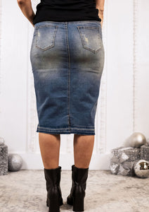 The Vida Distressed Modest Midi Denim Skirt Denim skirt Style Threads Boutique 