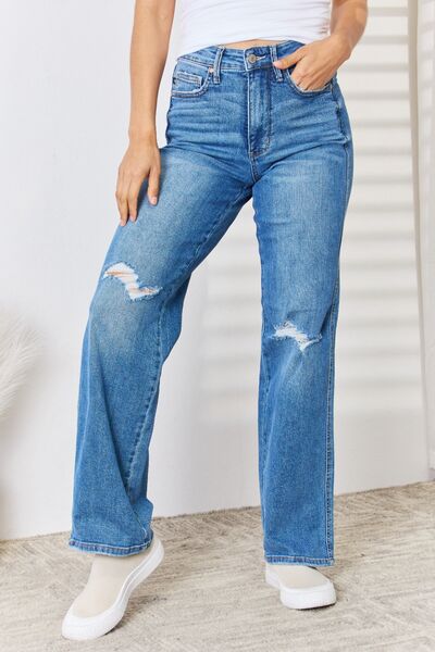The Sadie Judy Blue Full Size High Waist Distressed Straight-Leg Jeans
