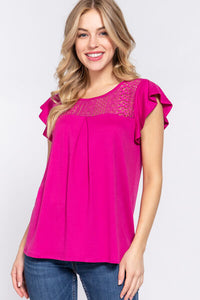 Simple Life Ruffle Short Sleeve Lace Detail Knit Top