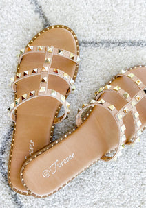 The Hadley Taupe Studded Slide Sandals Shoes Style Threads Boutique 