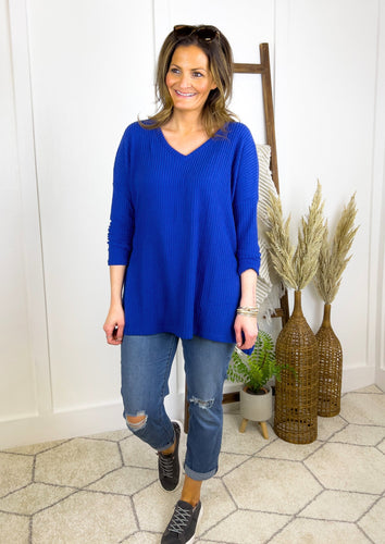 The Lucy Waffle Knit V-Neck Sweater - Royal Shirts & Tops Style Threads Boutique 