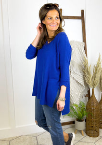 The Lucy Waffle Knit V-Neck Sweater - Royal Shirts & Tops Style Threads Boutique 